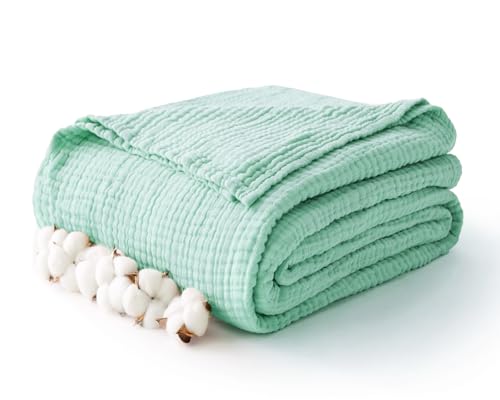 Image of 100% Cotton Muslin Blanket Twin 66 inch x 90 inch, Breathable and Lightweight Cotton Twin Blankets for Couch, Soft Cooling Summer Gauze Blanket for Adults All Season, Mint