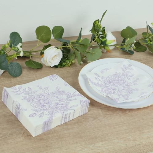 Efavormart 50 Pack 2-Ply Paper Cocktail Napkins in Matte Lavender and White French Toile Floral Pattern, Highly Absorbent Soft Disposable Beverage Napkins