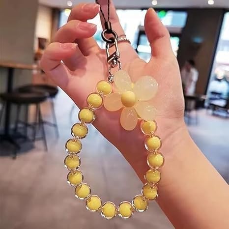 aoukoslt Yellow Mobile Phone Strap Beaded Flower Bracelet Creative Hanging Rope Keychain Mobile Lanyard Beaded Flower Anti-Lost Case Lanyard Wrist Strap Cell Phone Charms Accessories - Thumbnail 2