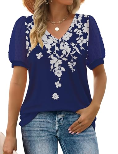 Image of Aokosor Womens Summer Tops V Neck T Shirts Swiss Dot Puff Sleeve Tops Loose Casual Tshirts