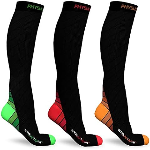 Physix Gear Sport 3 Pairs of Compression Socks for Men & Women in (Black/Green + Black/Orange + Black/Red) L-XL Size Cover