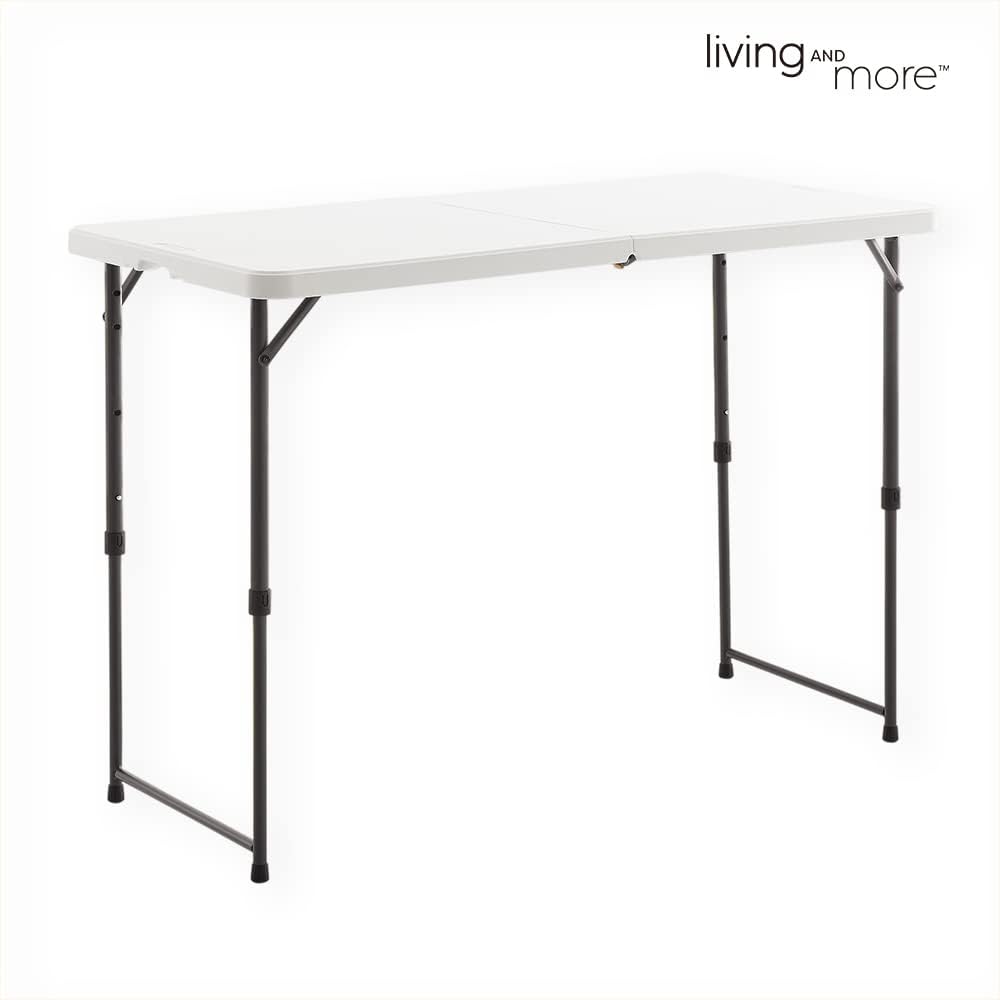 Living and More 4 Foot Height Adjustable Fold-in-Half Table with Carrying Handle, Easy Folding and Storage, Indoor Outdoor Use, White, 4ft_Straight Legs