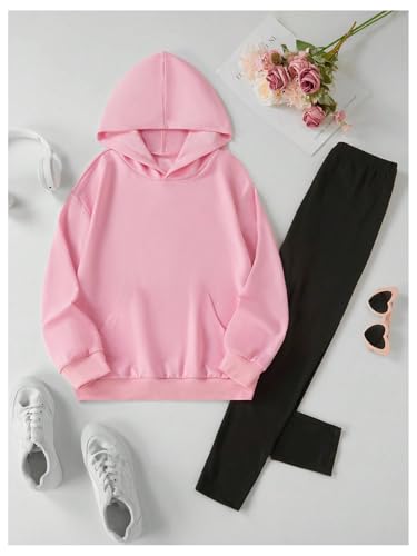Image of SOLY HUX Girl's Sweatsuit 2 Piece Outfits Letter Graphic Long Sleeve Hoodies Sweatshirt and Leggings Pants Set Pink Letter 11Y
