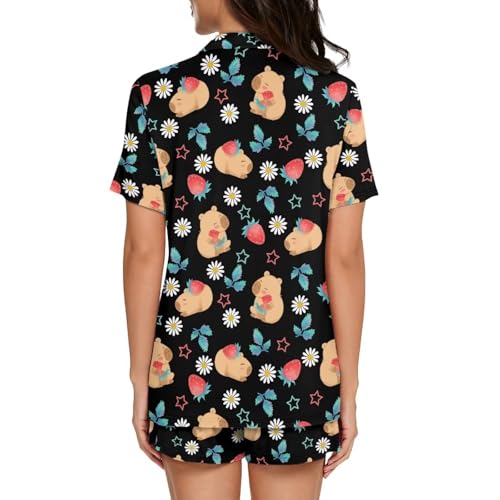 Image of Women's Short Sleeve Sleepwear Button 2 Piece Plus Size Pajamas Casual Soft Stretchy Funny Nightwear with Pockets