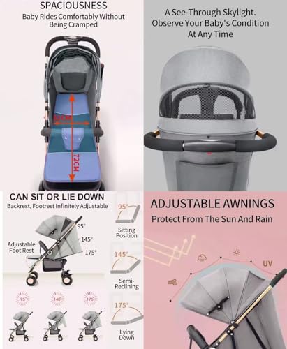 Rexhan Lightweight Folding Baby Pram, Foldable Travel Pushchair, Compact Baby Stroller, Baby Buggy, Birth to 22 KG, Fully Reclining, Basket, Adjustable Back, Smooth Swivel Wheels - Image 3