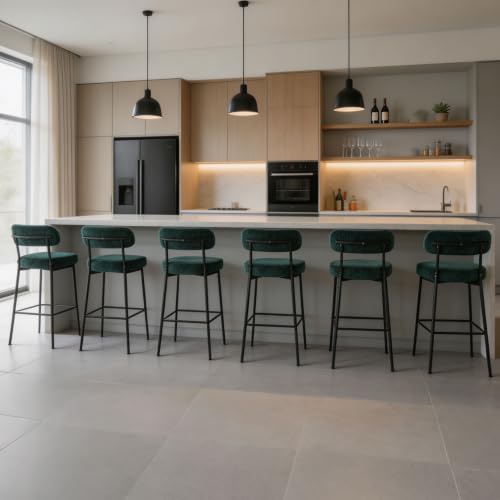 Image of Counter Height Bar Stools, Boucle Upholstered Bar Stools with Back and Footrest,30 Inch Counter Stools Metal Frame,Heavy Duty Modern Bar Chairs for Kitchen Island, Green Barstools Set of 6