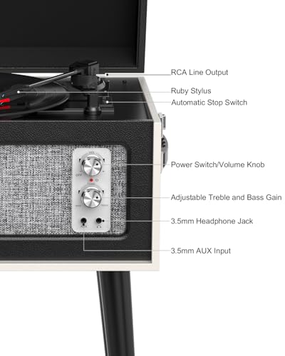Vintage Standing Black Vinyl Record Player with Detachable Legs, Built-in Stereo Speakers, Treble & Bass Gain, 33/45/78 RPM LP Player Bluetooth Retro Turntables Support Headphone Jack, RCA Out, AUX in