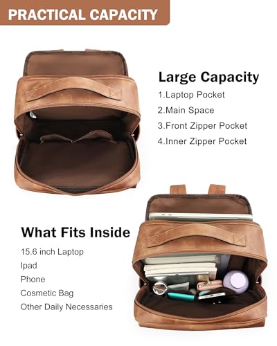 MASINTOR 15.6 inch PU Leather Laptop Backpack Purse for Women, Large College Casual Backpack Travel Bag Mocha Brown3