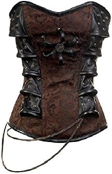 Brown Brocade Black Leather Goth Steampunk Bustier Waist Cincher Overbust Corset