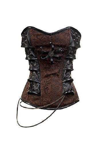 Brown Brocade Black Leather Goth Steampunk Bustier Waist Cincher Overbust Corset #TOP8