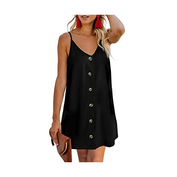 AlvaQ-Women-Summer-Spaghetti-Strap-Button-Down-V-Neck-Sleeveless-Casual-Mini-Dress AlvaQ Women V Neck Spaghetti Strap Tunic Short Dress Loose Button Down A Line Swing Mini Dresses Black Large
