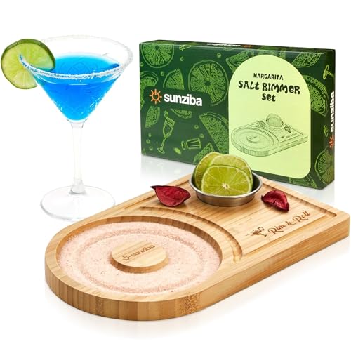 Sunziba Margarita Salt Rimmer Set for up to 6" Rims | Bamboo Salt Rimmer for Cocktails | Bartender Accessories & Home Bar Gift | Margarita Kit and Bartender Tool