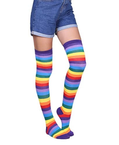 Image of Womens Thigh High Socks Athletic Stripe Cute Colorful Over the Knee High Sock Colorful Long Tube Sock