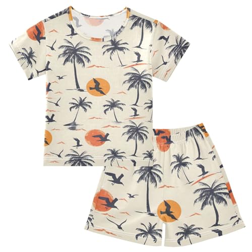 ALAZA Palm Tree Bird Moon Pajamas Short Sleeve 2 Piece Sleepwear Top and Bottom Pajama Set Unisex