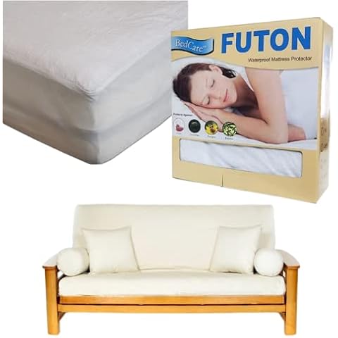 Royal Heritage Home 100% Cotton Natural (White) Futon Cover (Full Size) & BedCare Waterproof Mattress Protector (Full - 54 x 75) Couch Bundle Set Cover