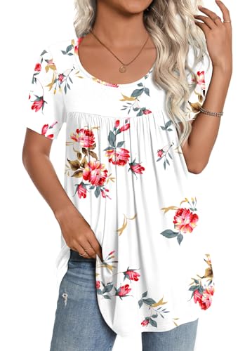 CATHY Women's 2026 Summer Short Sleeve Tunic Tops Loose Fit Comfy Blouses Casual Shirts for Leggings M-4XL,L,Floral White