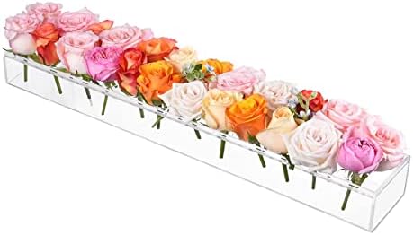Rectangular Flowers Vases Clear Acrylic Modern Vases 23.6 Inches Long Rectangular Floral Centerpiece for Dining Table Low Decoration Vase for Wedding Christamas Party Home Dining Table Decor(24 Holes)