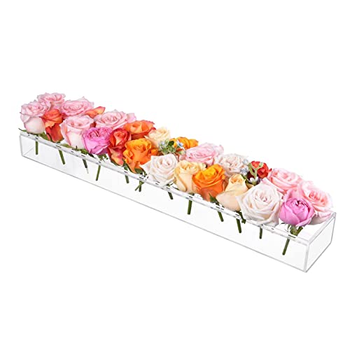 Rectangular Flowers Vases Clear Acrylic Modern Vases 23.6 Inches Long Rectangular Floral Centerpiece For Dining Table Low Decoration Vase For Wedding Christamas Party Home Dining Table Decor(24 Holes) #TOP1