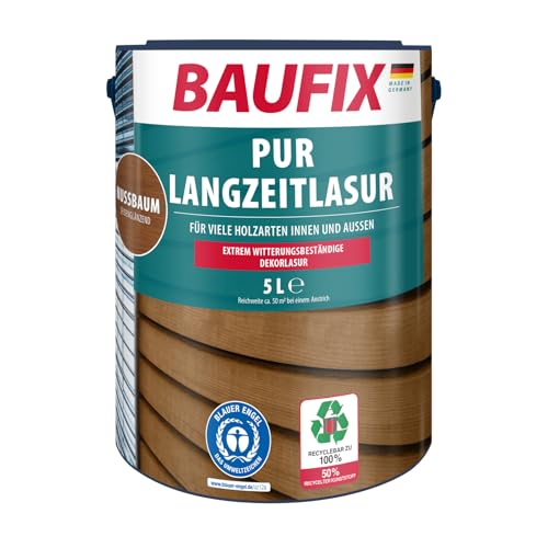 BAUFIX PUR Langzeitlasur nussbaum, seidenglänzend, 5 Liter, Holzlasur, für innen & außen, besonders haltbar, für alle Holzarten, witterungsbeständig