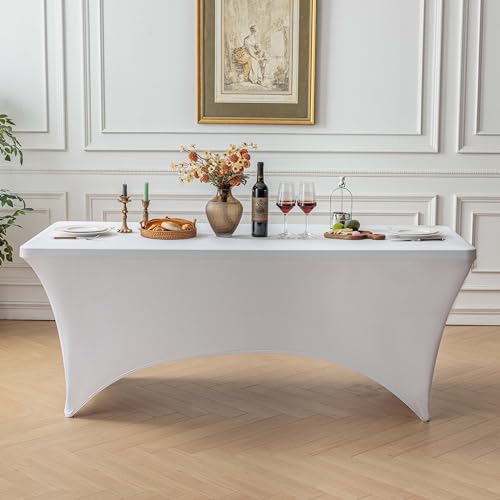 Image of FOLINS&HOME 2 Pack White 6ft Fitted Spandex Water Resistant Tablecloth
