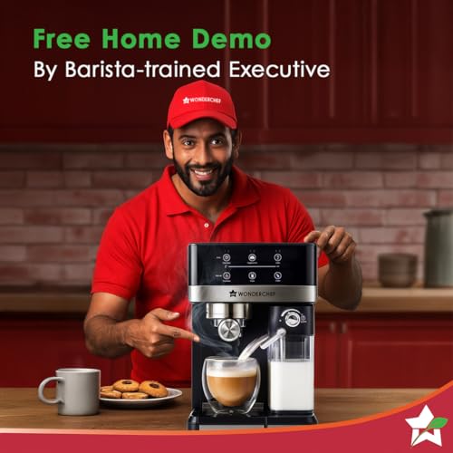 Image of Wonderchef Regalia Automatic Coffee Maker, 20-bar with Auto-Frother, Make Espressos, Cappuccinos & Lattes at Home, With Milk Container & Steamer, Metal Porta Filter, Auto-clean, 2-Yr Warranty