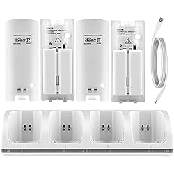 Cargador Wii U Carrefour CICMOD Base de Carga 4 Baterías Recargables para Wii Control Remoto Capacidad 2800mAh, Blanco