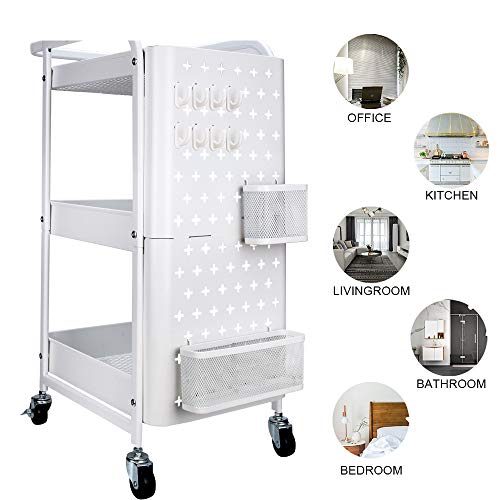 Dailyart 3-Tier Rolling Utility Cart Kitchen Cart Storage Trolley Organizer Cart Laundry Organizers with Removable Pegboard and Extra Hooks-Lockable Rolling Caster-for Kitchen Office Home Party-White