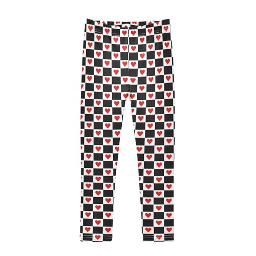 senya Girls Printed Leggings Yoga Pants Red Hearts on Checkered Grid Pattern for Kids in 4t to 10 Years, 4T