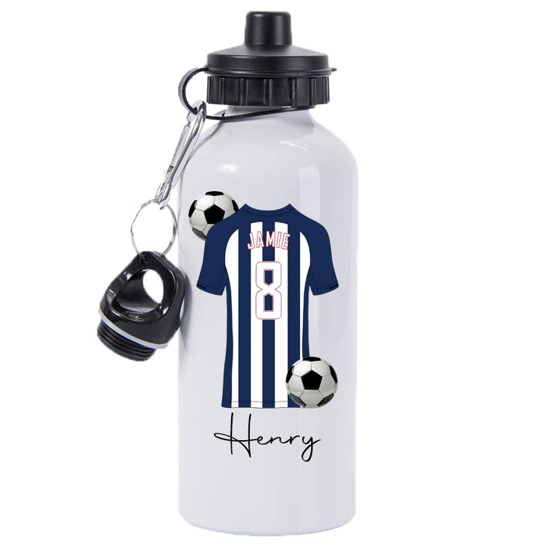 Pickhut Personalised Football 600ml White Aluminium Sports Water Bottle Back to School Gift for Kids, Customised with Name/Number/Text with Football Shirt Royal Blue & White Stripes Jersey Kit (D5) โ image 1