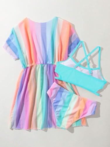 Image of Girls Bikini Set 3 Piece - Striped Multicolored Swimsuit with Quick Dry Cover Up - Bathing Suit for Kids 6-14 Years