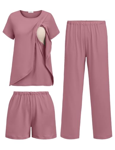 Image of Ekouaer 3 PCS Maternity Nursing Pajamas Set Postpartum Breastfeeding PJS | 3-Piece Set, Including Short Sleeve Shirts, Pregnancy Shorts & Pants, Buttery Soft, Skin-Friendly Feel