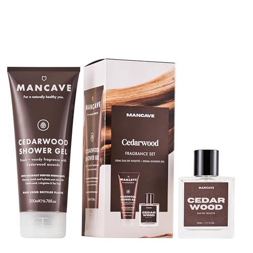 ManCave Cedarwood Mens Fragrance Gift Set, 50ml Cedarwood Eau de Toilette, 200ml Shower Gel, Natural Ingredients, Perfume Set, present for him, Fragrance for Men