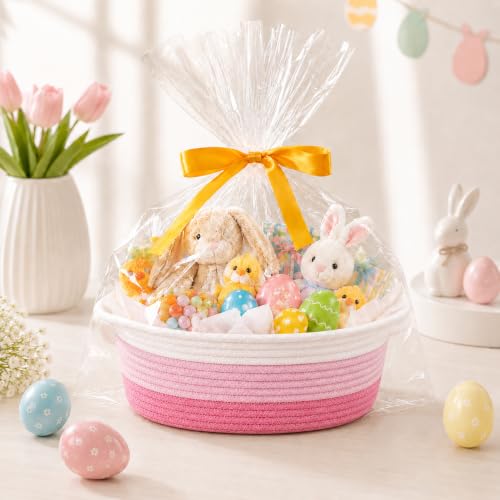 Image of Empty Gift Basket with Gift Bag & Ribbon, Woven Rope Basket, 12x8x5 inch