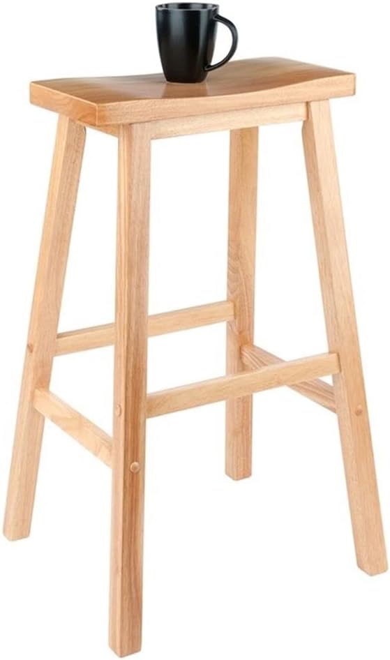 Pemberly Row Transitional Solid Wood Saddle Bar Stool, 28.86 in Height, Natural Finish, Durable Angled Legs with Crossbars, Comfortable Polished Seat, Bar Stool for Kitchen or Home Bar Seating