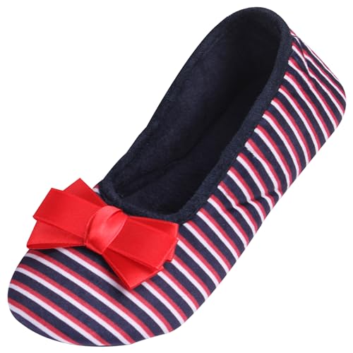 Women's Ballerina Slippers, Lightweight Slip-On Washable, Fuzzy, Indoor Shoes with Bow Accent - Perfect for Travel, Bedroom, and House