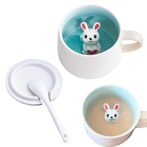 Tasse Lapin 3D En Céramique - Tasse à Café 350ml Avec Couvercle Et Cuillère - Mignonne Figurine...