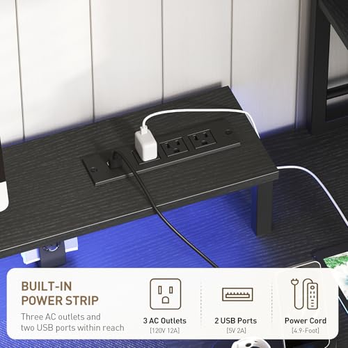 Image of RALGEND Computer Desk with Shelves and Drawers, 43.3 Inch Gaming Desk with Charging Station and LED Lights, Desk Workstation with Monitor Stand and Storage for Home Office, Black