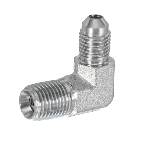 Image of PATIKIL 90 Degree Pipe Adapter, 7 /16 inch Male 37 Flare JIC x 1 /4 inch BSPT Male Connector Carbon Steel Elbow Fitting for Air Hydraulic Fluid Fuel Water Oil, Silver