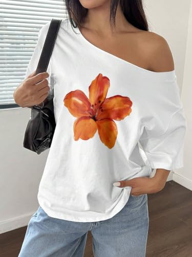 Image of SXV STYLE Women's Off Shoulder Top, Yellow, Orange Floral Print, 3 /4 Sleeve, Casual Loose Fit
