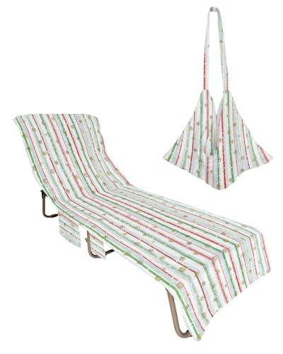 Christmas Beach Lounge Chair Towel Cover, Soft Chaise Lounge Towel with Side Pockets Patio Pool Chairs Cover for Beach/Pool Sunbathing 29x85 Xmas Winter Snowflake Green Red Striped
