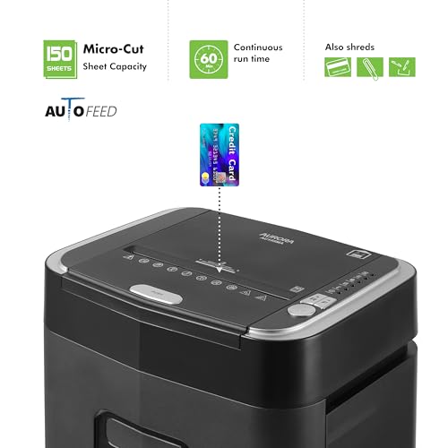 aurora professional grade 150-sheet auto feed micro-cut paper and credit card shredder with 63 gallon pullout basket  60 minutessecurity level p-4
