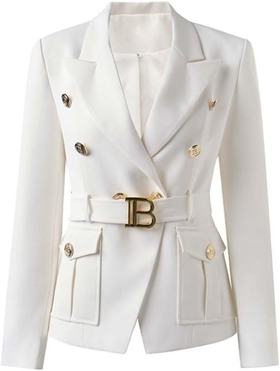 Women Classic Golden Buttons Work Office Elegant White Black Pink Women Pocket Formal Blazers with Blet