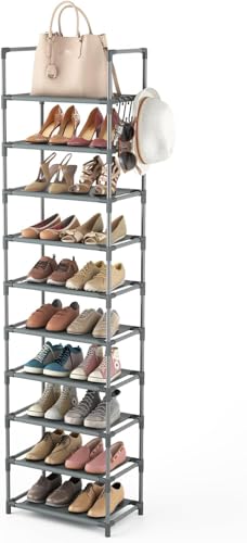 Vicye Schuhregal mit 10 Ebenen, Schuh-Organizer für 20-25 Paar Schuhe, offener Schuhschrank hoch, Schuhständer schmal, Schuhaufbewahrung,für Flur, Wohnzimmer, Schlafzimmer, grau