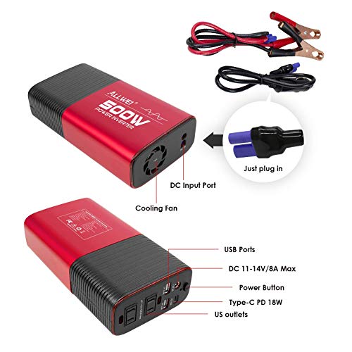 500W Pure Sine Wave Power Inverter DC 12V to AC 110V Car Inverter Power Adapter Converter with Type C PD18W/12V DC Output/4.8A Dual USB Charging Ports and 2 AC Outlets Car Charger