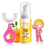 Kids Foam Toothpaste with U-Shape Toothbrush, Mousse Foam Whitening Toothpaste, Fluoride Free, Toddl