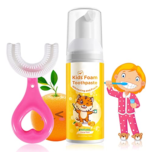 Kids Foam Toothpaste With U-Shape Toothbrush, Mousse Foam Whitening Toothpaste, Fluoride Free, Toddler's Oral Cleaning For Best Result (Orange Flavor With U-Shaped Toothbrush) #TOP13