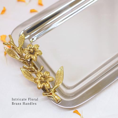 Image of BEHOMA Royal Rectangular Serving Platter, 15.5 inch | Rectangular stainless steel platter with brass leaf handle, 15.5 inch; elegant Durga Puja serveware.