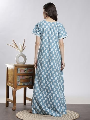 Image of 9shines Label Stylish Pure Cotton Nighty Maxi for Women | Embroidery Neckline Nightgown | A-Line Nightdress with Pocket | Floral Night Gown| Soft Comfortable Cotton Sleepwear (Cotton Yoke)