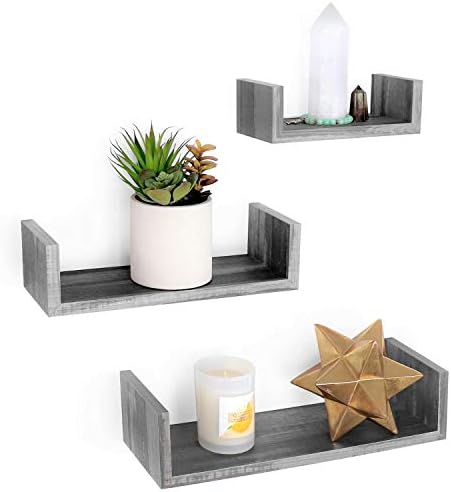 Under.Stated Floating Shelves U Shaped, Rustic MDF with PVC Wall Mounted Display Rack, Multi-Purpose Hanging Shelves Set of 3 (Rustic Grey)