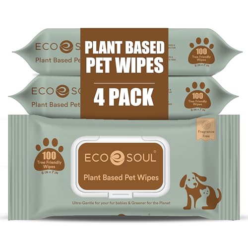 Image of ECO SOUL Pet Wipes for Dogs & Cats, Unscented Large Cleaning Wipes with Aloe Vera & Jojoba Oil | (100 Count Each, Pack of 4)